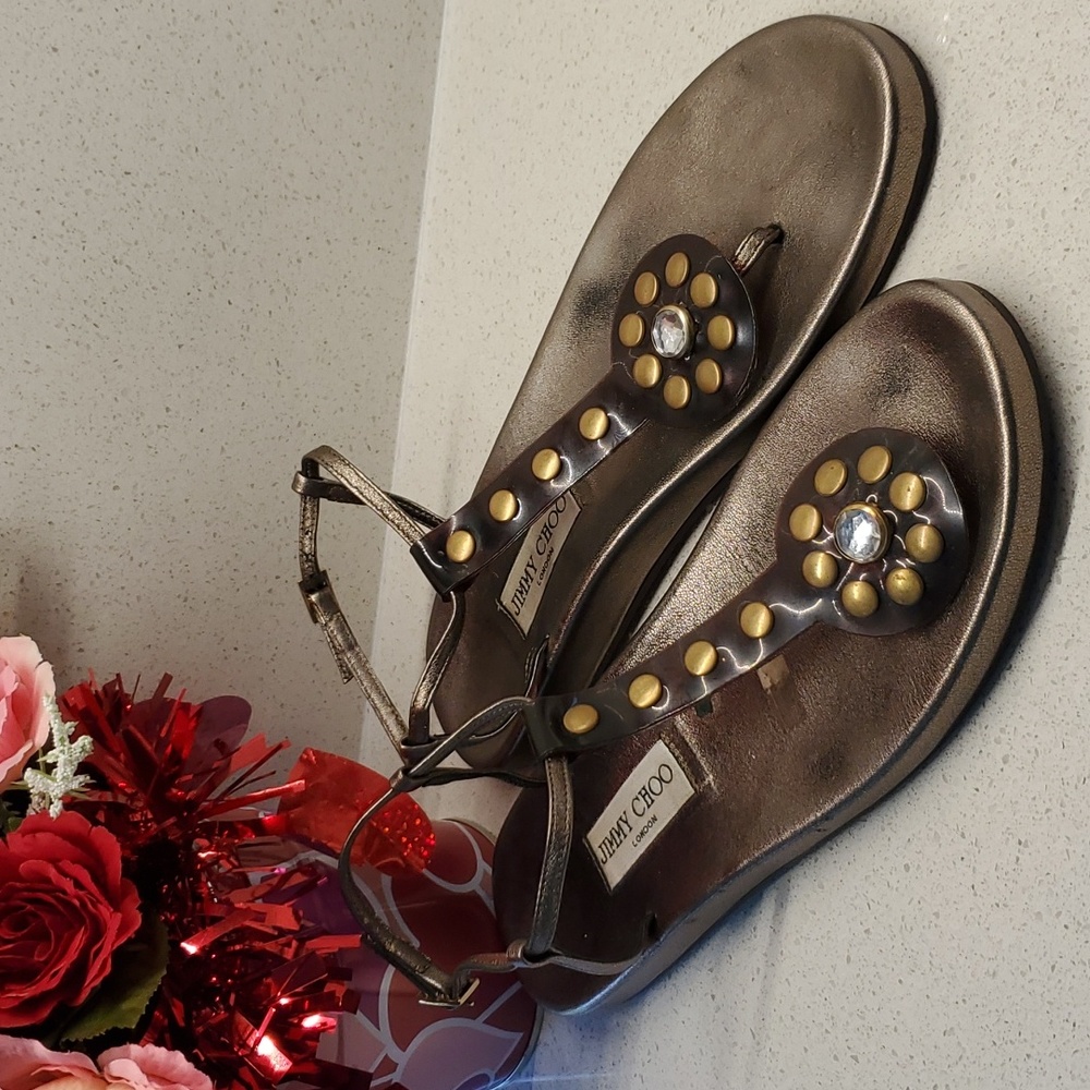Jimmy Choo Metallic Bronze T-Strap Flat Sandals with Studs and Crystal